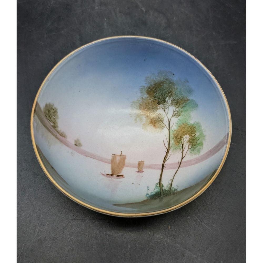 Noritake Hand Painted Landscape Footed Nut Bowl Gold Rim Green M‎ Mark Japan 4"